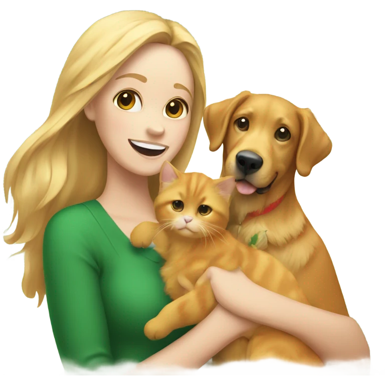 Women holding an orange cat and a golden retriever via a Christmas tree emoji