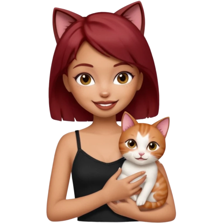 generate a pretty fair bratz girl with short dark red hair holding a cat smiling. Wearing a black cami emoji