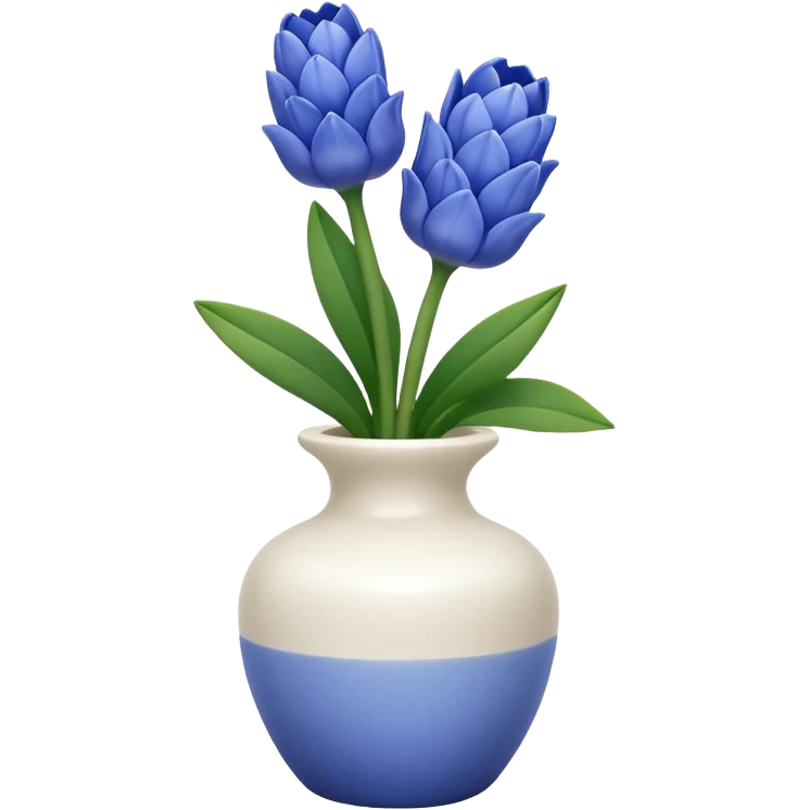 A small white vase holding a single blue hyacinth flower with green leaves. emoji