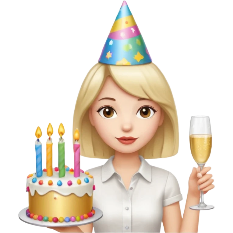 una festa di compleanno con una camicia bianca UNA ragazza con il caschetto e una torta e un cappellino  emoji