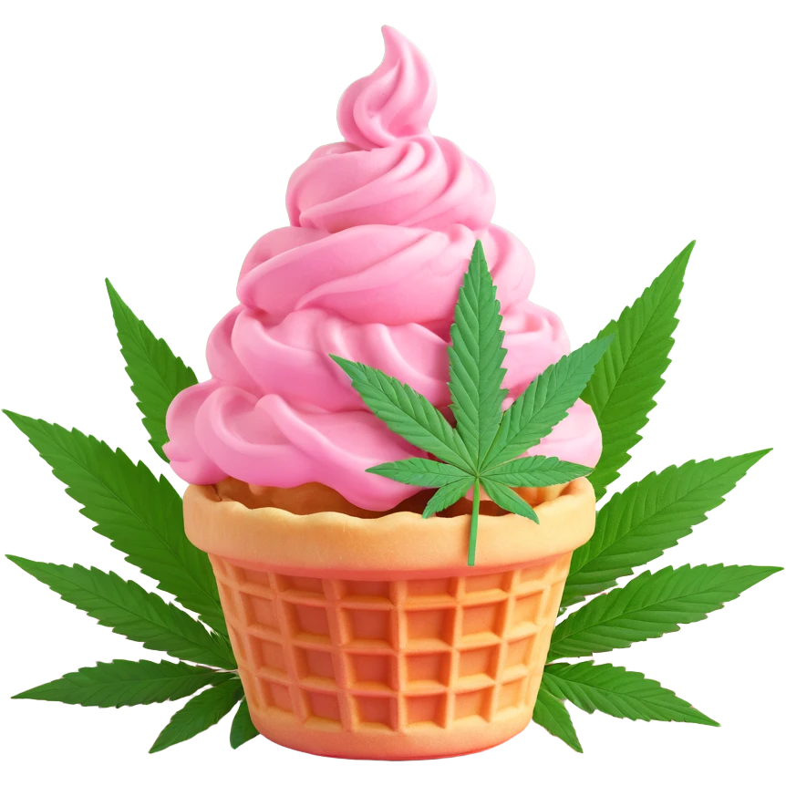 pink gelato in a waffle cup with cannabis leaf emoji