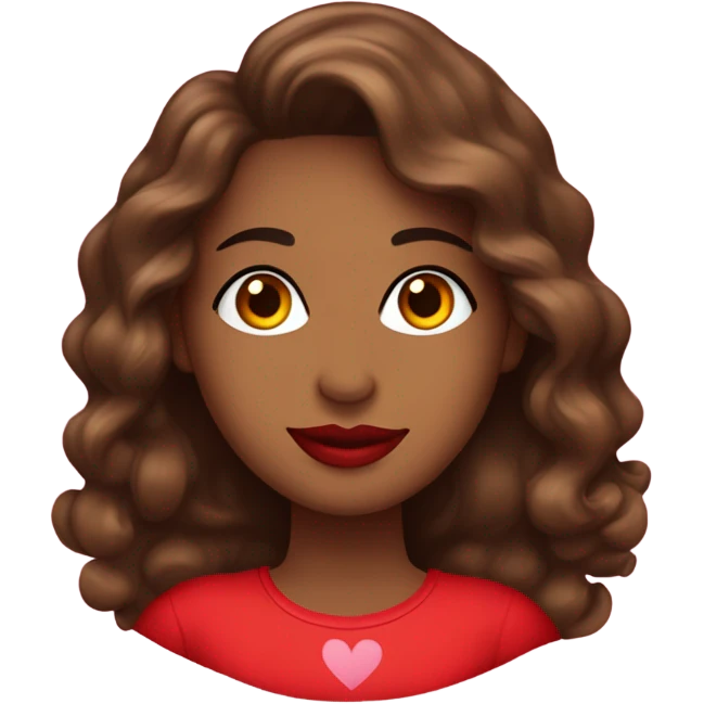 brown lady, medium brown long wavy hair, bright red lips, eyelashes, wearing red “happy Valentine’s Day” t shirt emoji