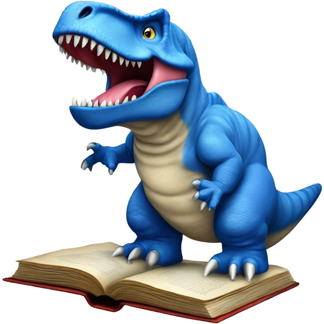 Blue Tyrannosaurus Rex standing on an open book emoji