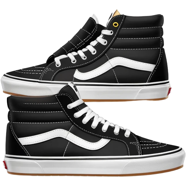 A pair of black Vans Sk8-Hi sneakers arranged with one shoe positioned behind the other, high-top skate shoes with white side stripe and waffle soles emoji