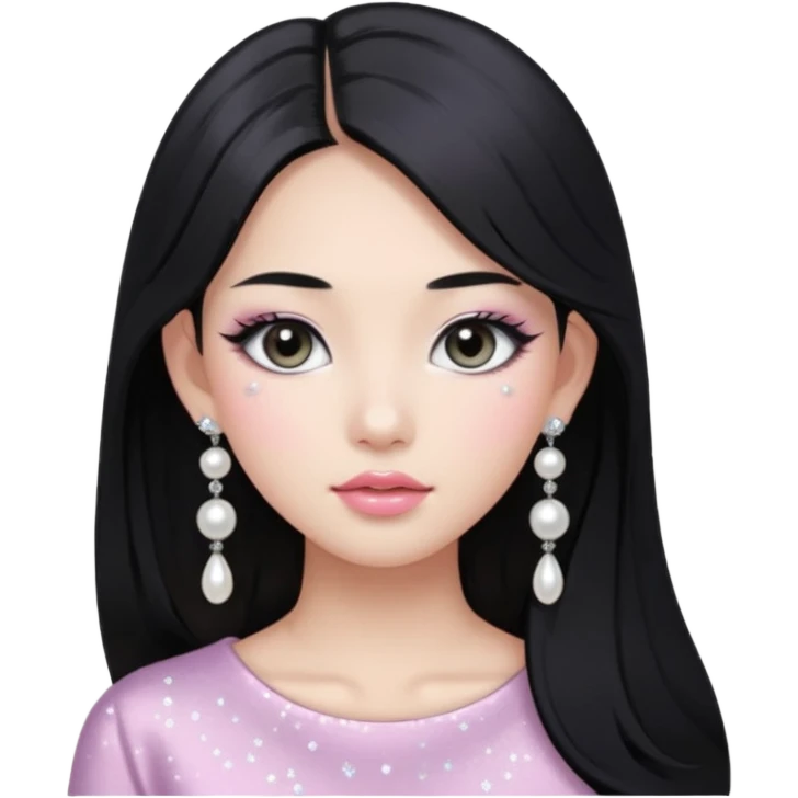 asian long black hair silver grey eyes glossy lips glittery white and light pink eyeshadow girl pearl earrings emoji