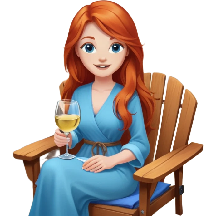 Happy redhead with long hair and blue eyes holding white wine sitting in chair fire pit emoji