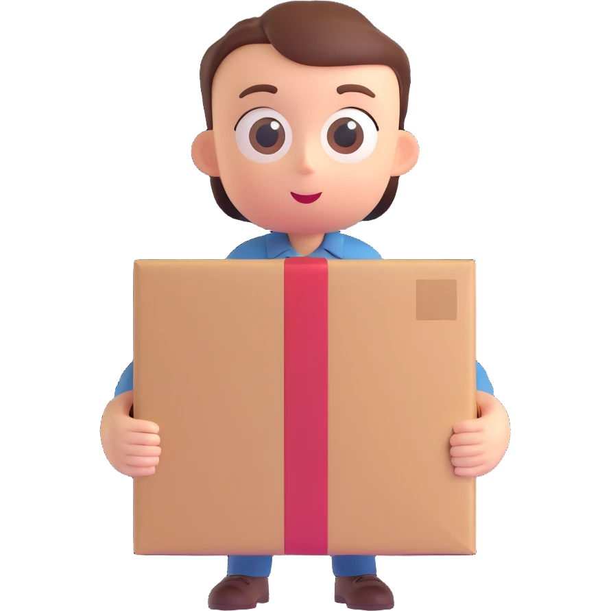 3D emoji style shocked person opening a package, big eyes, round head, friendly colors emoji