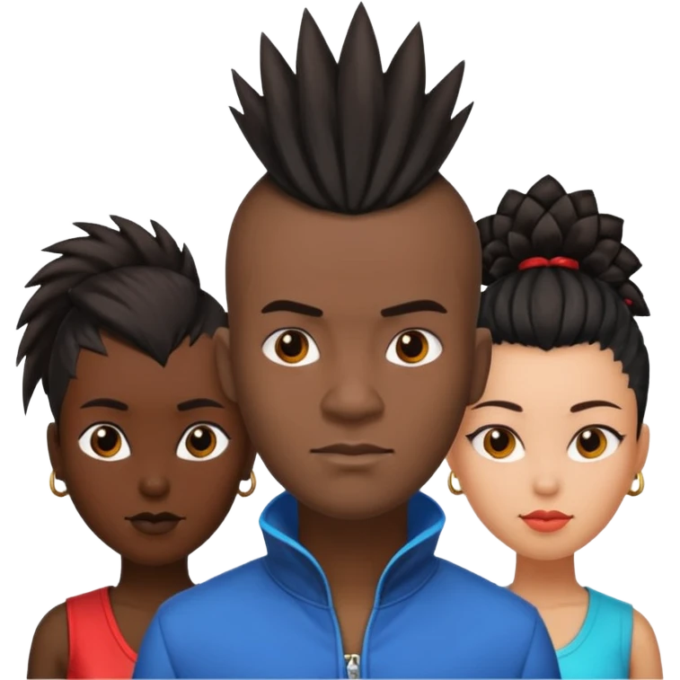Black man with mohawk with two women one black one Chinese  emoji