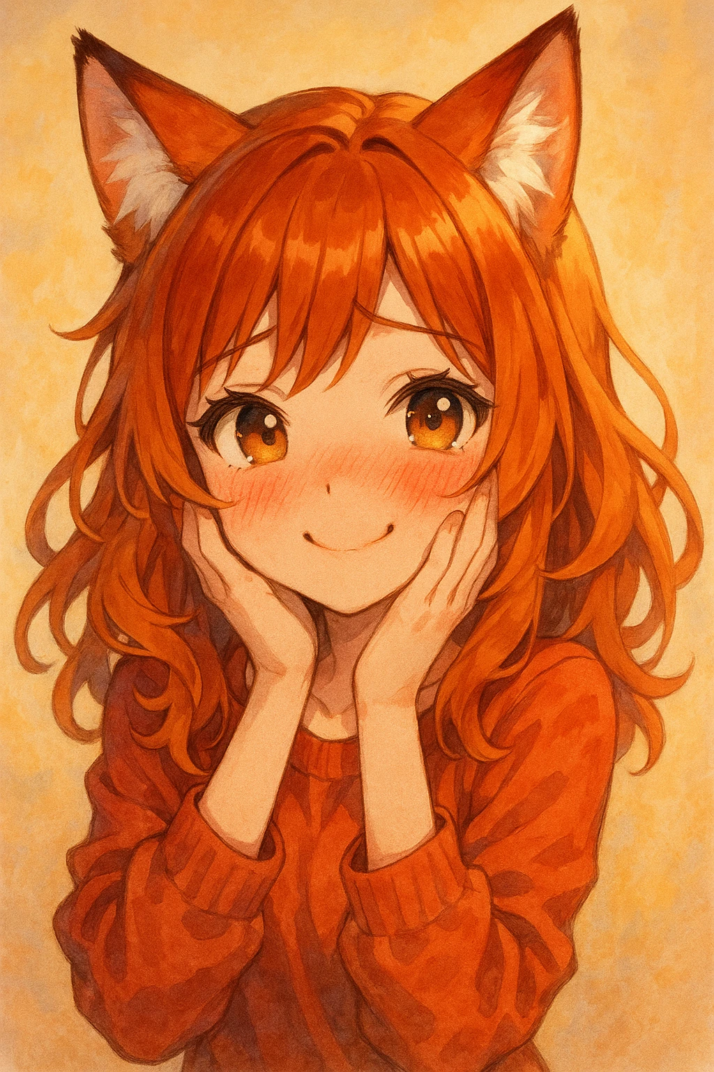 a cute girl with fox ears and ginger hair, blushing, in a charming, expressive style emoji