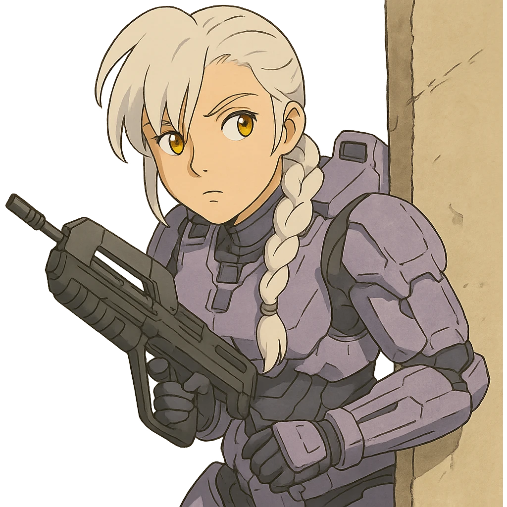 female, wearing reach spartan armor default, long white braid hair with massive messy front side single bangs, gold yellow eyes, attention pose, HALO:series, no helmet, the armor is lavender color scheme, shoulder pad off. DDD bust size fitting. Punk gothic cyberpunk, peeking around a corner wall with a classic halo1 ar emoji