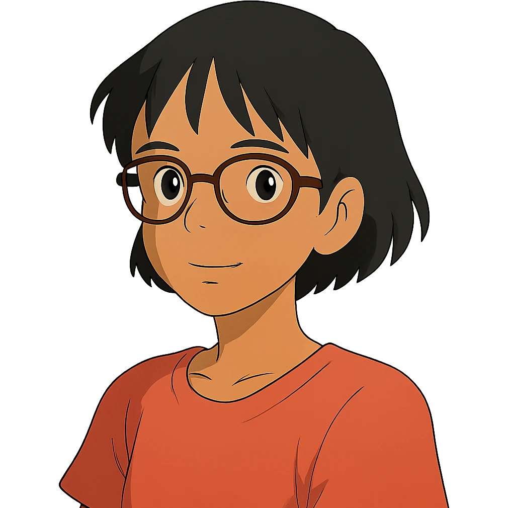 ghibli style Asian girl with tan skin, short black hair, and glasses emoji