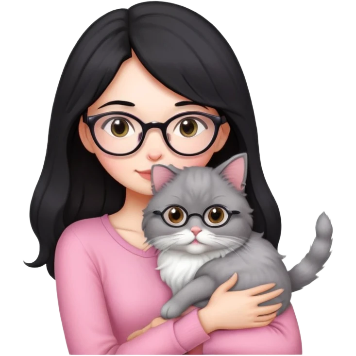 Beautiful skinny woman medium black hair with oval glasses in pink outfit hug persian-angora grey cat emoji