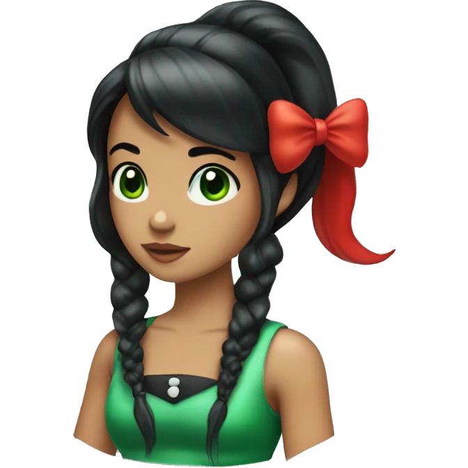 Mermaid with black hair in a ponytail with bangs swoop to the side, green eyes, red tail, white vest with green bows as buttons emoji