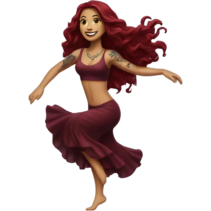 Beautiful tattooed burgundy long haired woman dancing emoji
