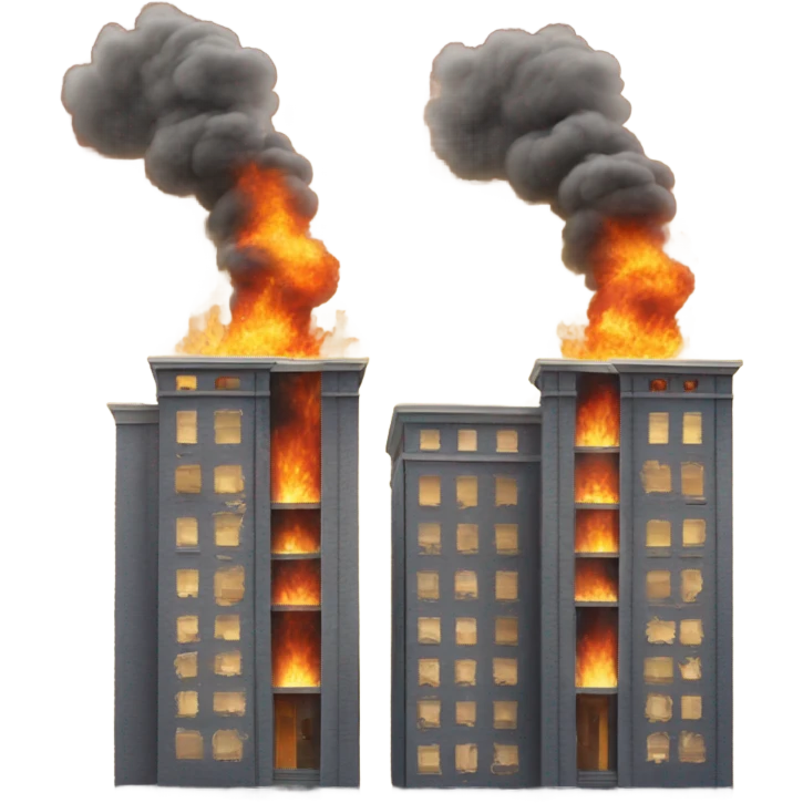 two identical buildings with one of the buildings on fire with smoke billowing out emoji