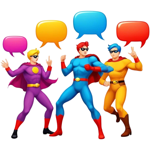 Comic drawing, bold lines, colorful speech bubbles, vibrant characters, dynamic action, bright colors, traditional comic book style, minimalistic design, on a white background. emoji
