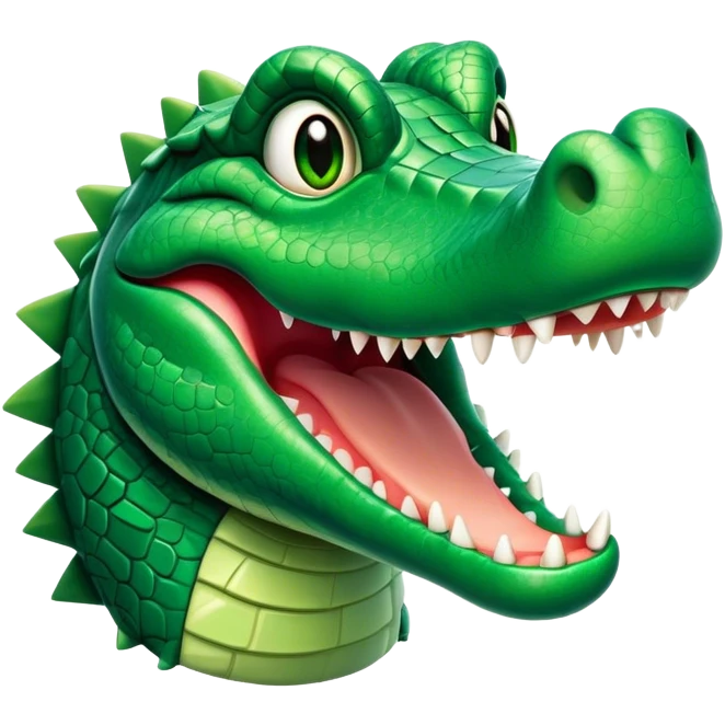 Cinematic Comical Crocodile Portrait Emoji, Head tilted dramatically with an exaggeratedly amused expression, featuring a striking, glossy emerald-green hide with bold textured scales and wide, expressive eyes filled with playful disbelief, Simplified yet hilariously expressive features, highly detailed, glowing with a slightly sassy glow, high shine, dramatic yet playful, stylized with an air of cheeky mischief, bright and endearing, soft glowing outline, capturing the essence of a spirited and over-the-top crocodile, so meme-worthy it feels like it could snap its jaws into internet fame instantly! emoji