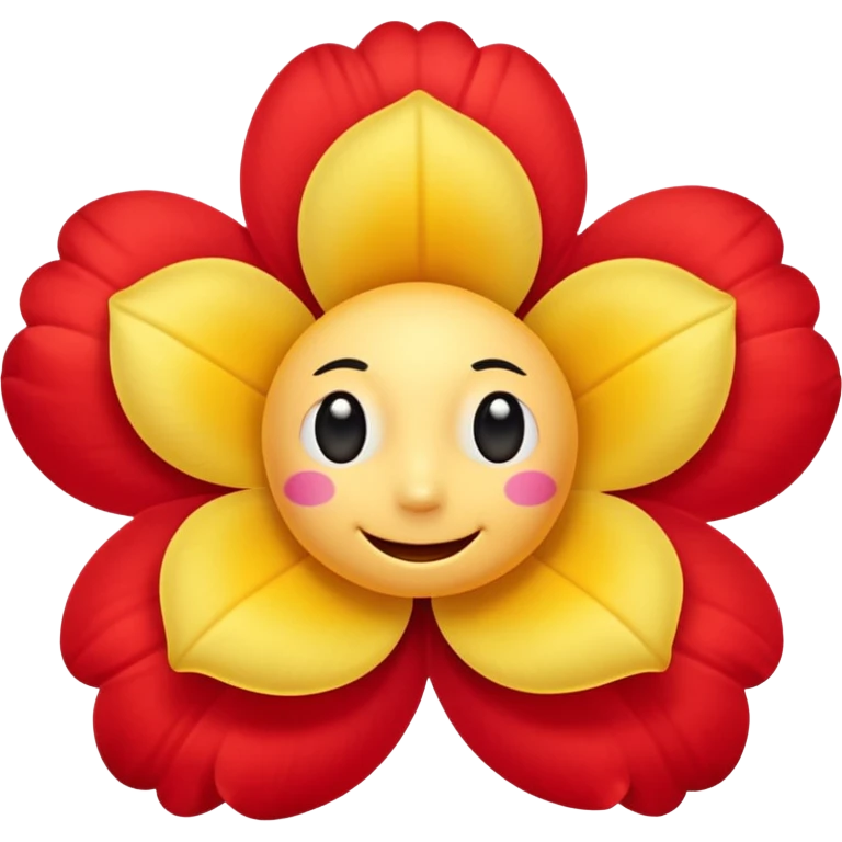 A flower with round yellow face with soft gradients, large glossy black cartoon eyes, and a simple curved smile. Surrounding bright red inflated petals with smooth shading and soft reflections. emoji