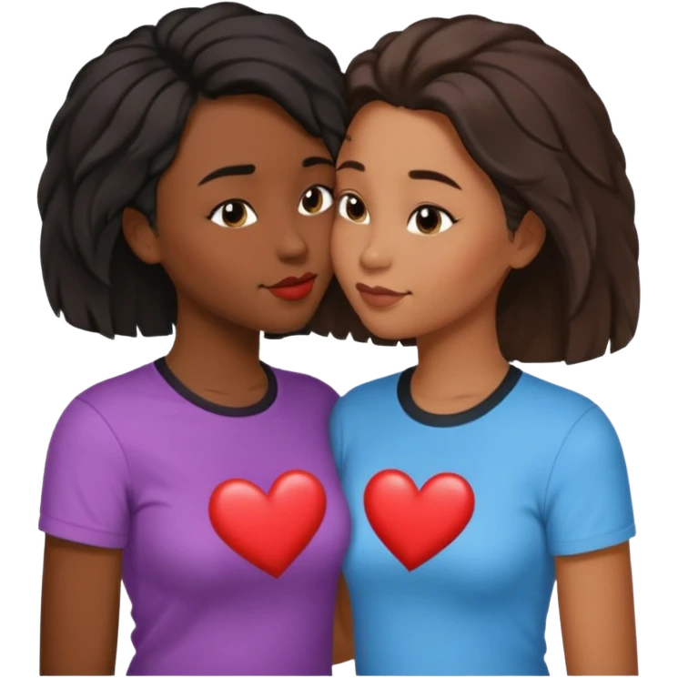 Black lesbian couple with one dark skin masculine with short haircut with a t shirt and one feminine with long hair in a blouse kissing emoji