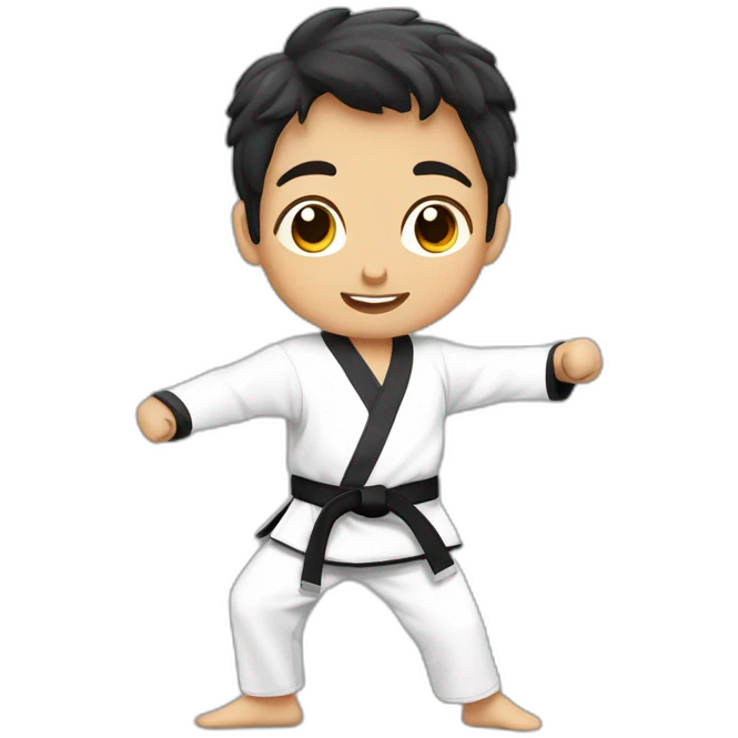 un niño de 8 años trigueño practicando taekwondo solo cabeza emoji