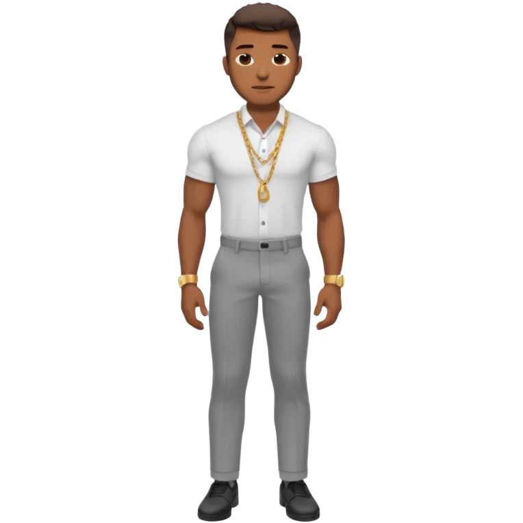 Handsome Black guy with brown skin tone, with lean muscular build, wearing gray slacks, a white button up top, black shoes, and a gold chain emoji