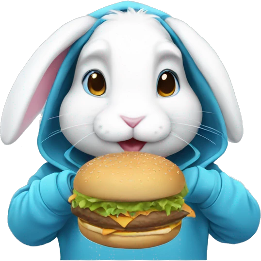 White bunny wearing blue pastel hoodie and eat  a burger emoji