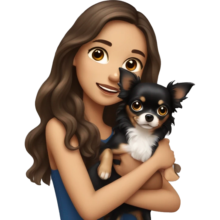 Pretty girl with long wavy brown hair, blue eyes, holding a black and tan chihuahua emoji