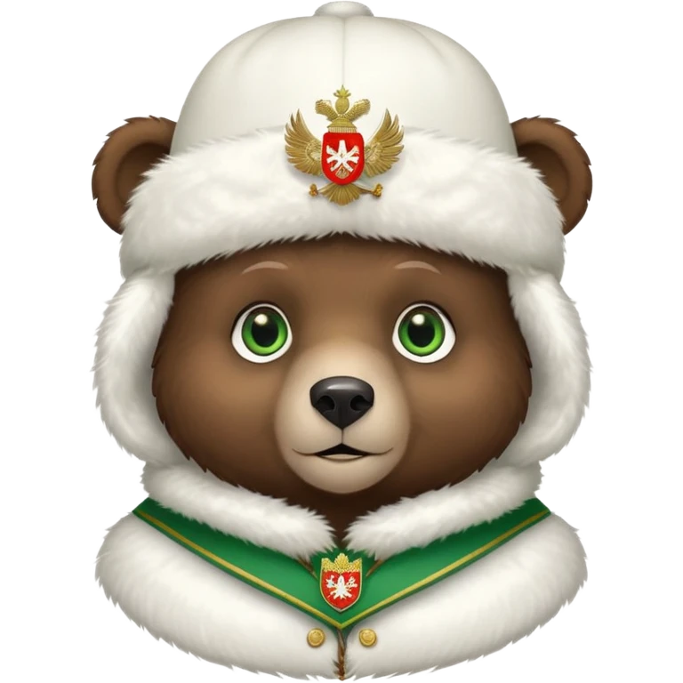 Very cute dark brown bear face with big green eyes and sweet expression, wearing a completely white fur hat with the Russian Federation coat of arms (double-headed eagle) in the center emoji