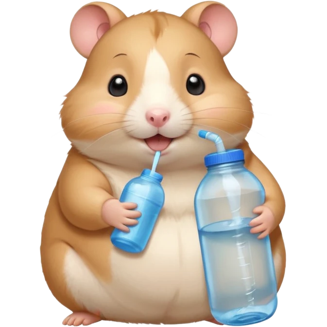 Cute chubby cartoon-style hamster hugging an oversized water bottle, sipping with tiny straw, happy expression. Painterly shading, expressive eyes, white background, sticker-style illustration emoji