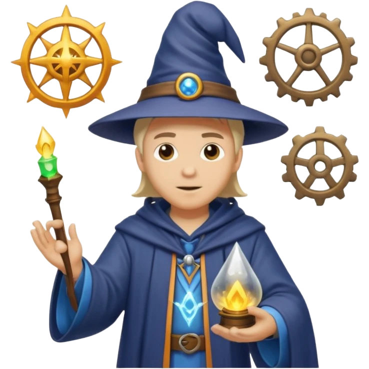 wizard casting a spell to attract engineers, with code or gear icons, emoji style emoji