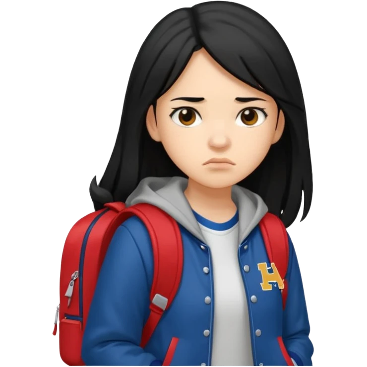 college student with annoyed face , black hair , with varsity jacket and backpack , girl, long hair,  emoji
