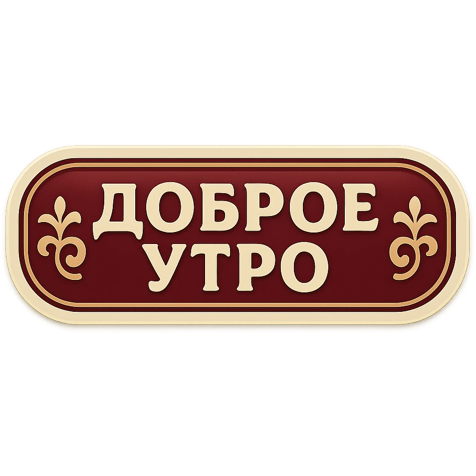 elongated horizontal plaque with the text 'Доброе утро', retro sticker style, burgundy background, beige letters, minimalist eastern ornament on the edges, soft shadows, transparent background emoji