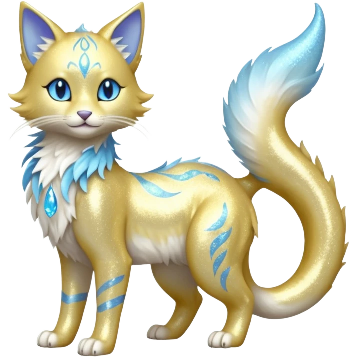 Pastel realistic divine glowing gold-glittery and light pastel blue glimmering glooming shiny glossy glittery holy cute elegant beautiful fantasy fae-feline-vernid-sergal-fursona animal creature with a tufted tail full body with intricate markings  emoji