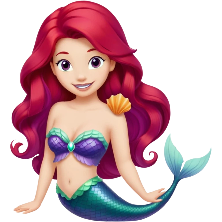 Disney Ariel mermaid with long red hair, green tail, and purple seashell top, smiling emoji