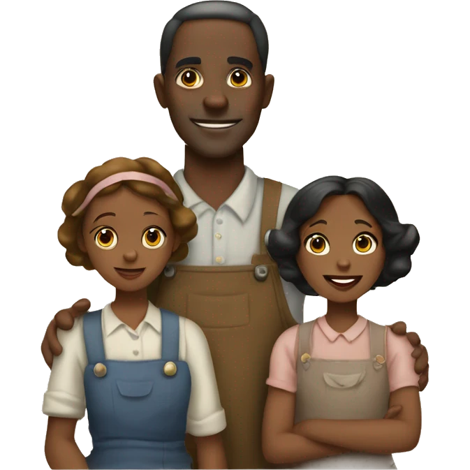 Black family comprises a mom, a dad, and two little girls. In great depression era attire.  emoji