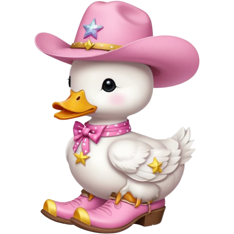 A white duck wearing a pink cowboy hat with a pink bow around its neck and pink cowboy boots with yellow stars emoji