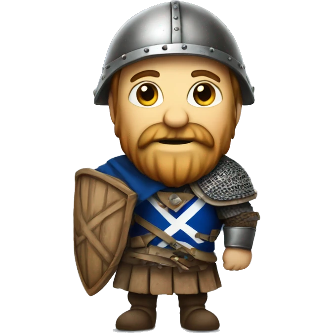 A small medieval Scottish man holding the Scottish flag with a Scottish helmet, with a beard emoji