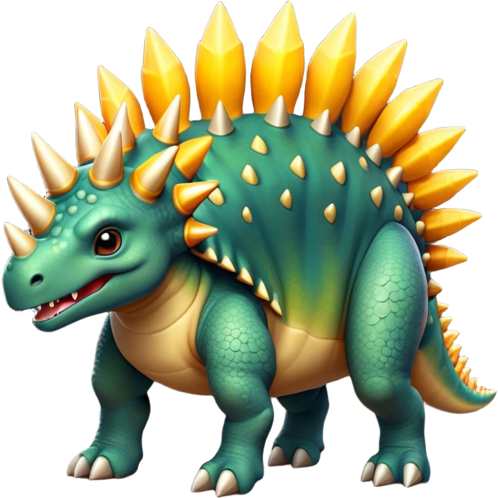 Cinematic Noble Stegosaurus Portrait Emoji, Poised and dignified, with a sturdy, low-slung body adorned by a distinctive row of bony plates along its back and a spiked tail, a small, determined head with observant eyes, Simplified yet sharply defined features, highly detailed, glowing with a soft, earthy radiance, high shine, intelligent and resolute, stylized with an air of ancient armored majesty, focused and alert, soft glowing outline, capturing the essence of a watchful and confident Stegosaurus that appears ready to lumber out of the screen with effortless authority! emoji