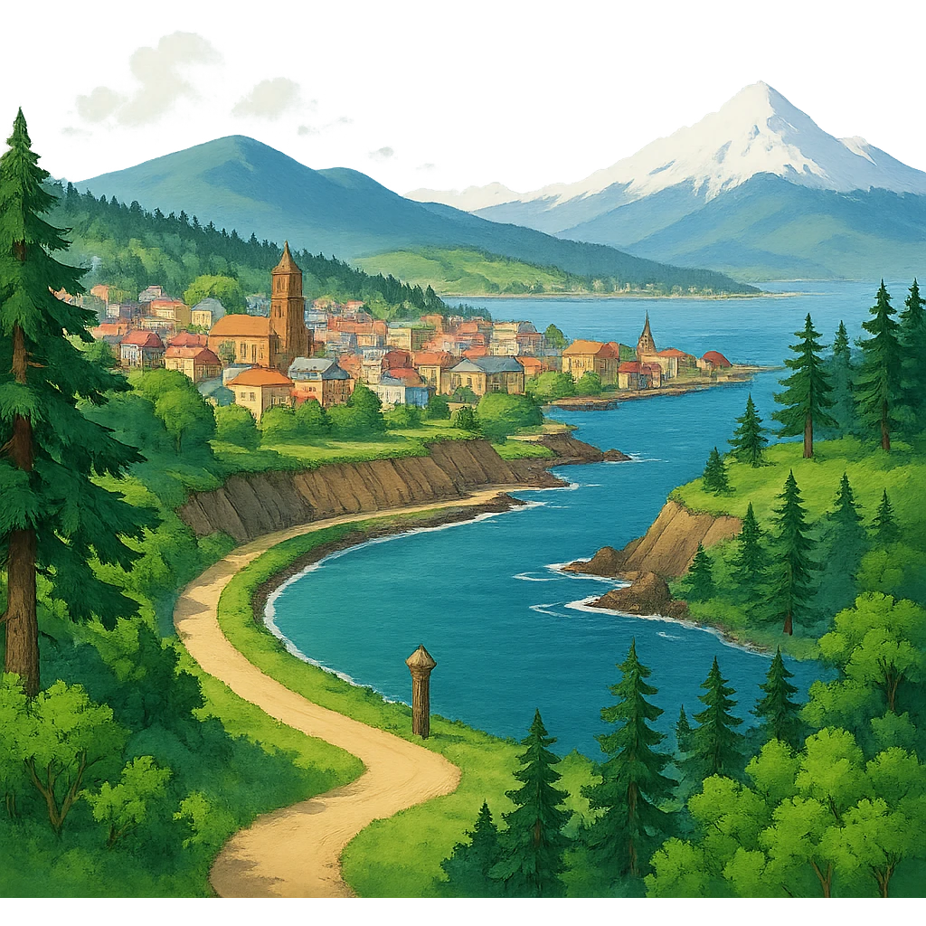 Edit the image to depict Port Angeles townscape and nature trail in Ghibli style, no frame, transparent background. emoji