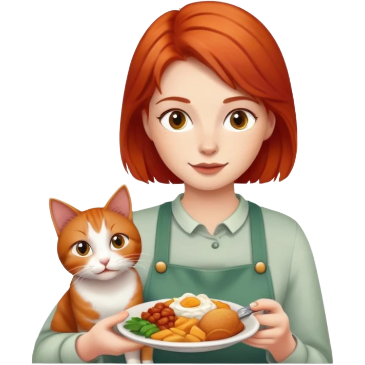 Red haired Woman sharing food with cat emoji