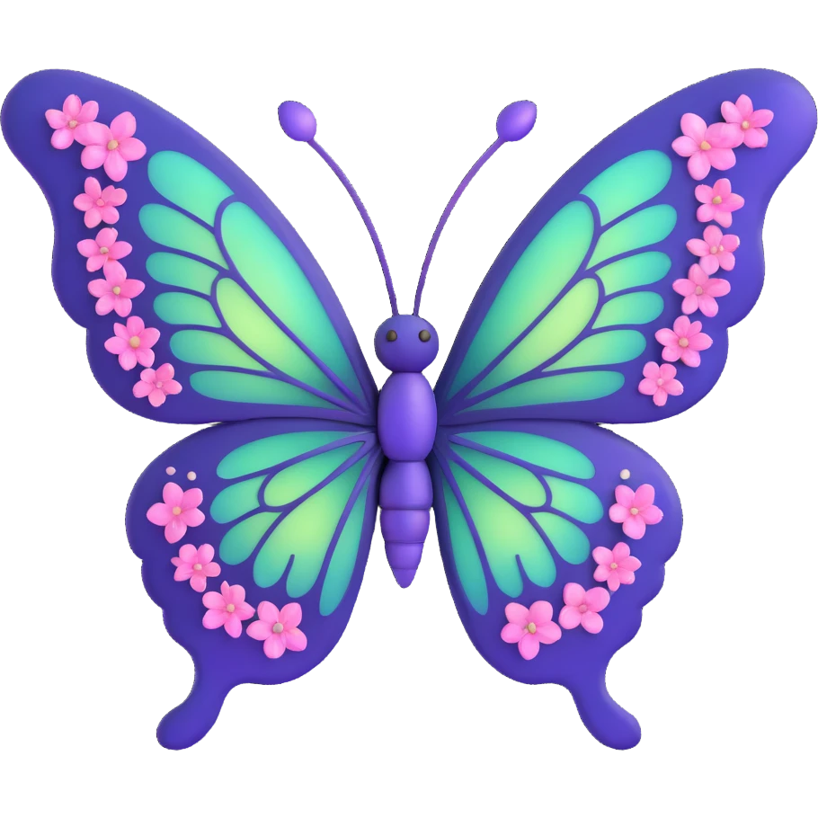 whimsical magical butterfly, #c0ff53 green wings, deep purple edges, glowing, fine veins, layered shimmering textures, pink flowers on wings, dreamy pink dust, sparkling magical dust, mystical light bursts, pastel orbs, deep blue elegant body, 3D cartoon, fantastical emoji
