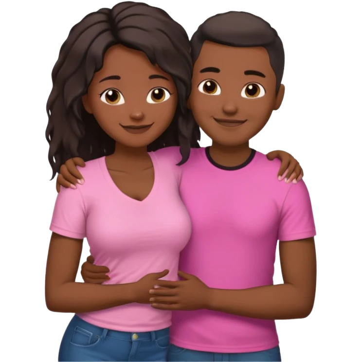 Black lesbian couple with one dark skin masculine with short hair low cut fade with a t shirt with breasts and one feminine with very long hair in a pink blouse hugging  emoji