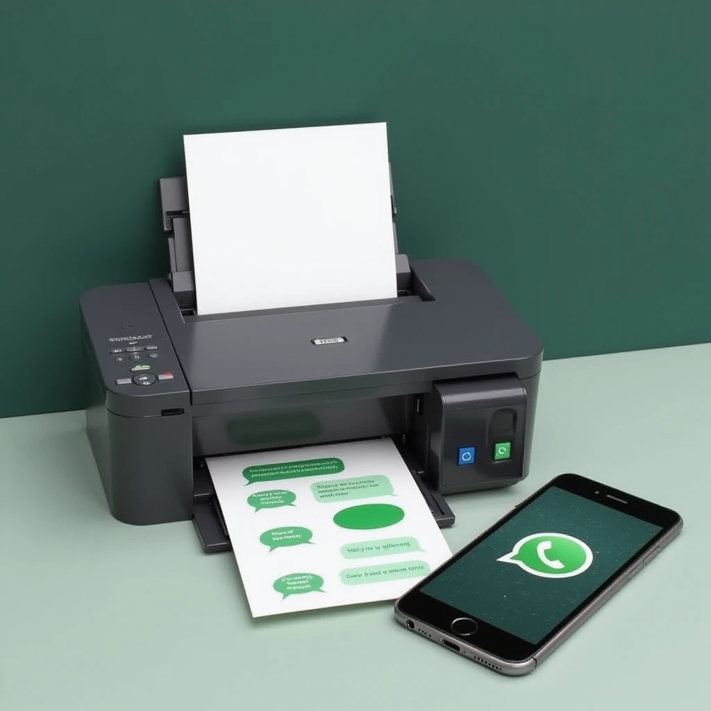 realistic thumbnail for a WhatsApp print out service, featuring a printer outputting a sheet of paper with WhatsApp chat bubbles, and a smartphone nearby showing the same chat emoji