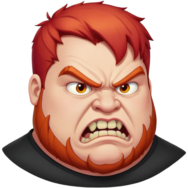 young angry fat man in profile view with red hair and fangs emoji