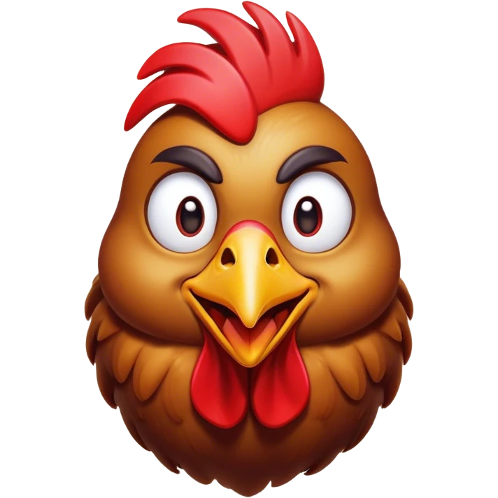 Cinematic Comical Brown Chicken Portrait Emoji, Head tilted dramatically with an exaggeratedly amused expression, featuring a striking, glossy brown plumage with a vibrant red comb, wide, expressive beady eyes filled with playful disbelief, Simplified yet hilariously expressive features, highly detailed, glowing with a slightly sassy glow, high shine, dramatic yet playful, stylized with an air of cheeky mischief, bright and endearing, soft glowing outline, capturing the essence of a spirited and over-the-top chicken, so meme-worthy it feels like it could cluck its way into internet fame instantly! emoji