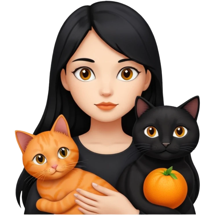 A girl with long black hair is holding a black cat, an orange cat, and a black cat emoji