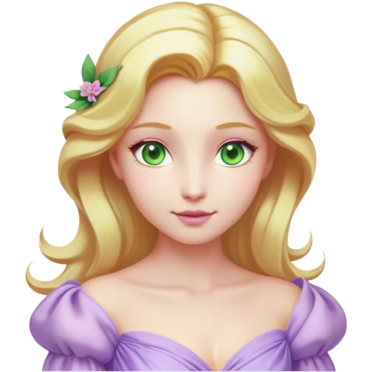 Cinematic Realistic Rapunzel Portrait, with porcelain-like skin featuring a subtle, natural glow, illuminated by soft lighting that brings out the gentle contours of her face. Her long, golden blonde hair cascades in detailed waves, each strand highlighted with a radiant shimmer as it catches the light. Her bright, expressive green eyes exude curiosity and warmth, framed by delicate lashes and soft, arched brows. Her expression is playful and vibrant, with a gentle smile. She is dressed in her classic lavender and pink gown, the fabric textured with delicate folds that flow naturally, catching the light with a soft, radiant glow. The portrait captures a luminous, enchanting aura, seamlessly blending realism with a whimsical, fairytale charm, evoking a timeless sense of beauty and magic. emoji