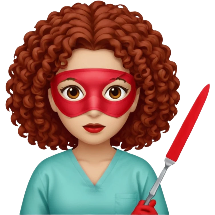 Lilith symbol seductress evil surgeon. Hair curly, and brown. Long curly brown hair. Red surgical mask and hair covering. She works for cartel and kills  with a scalpel. emoji