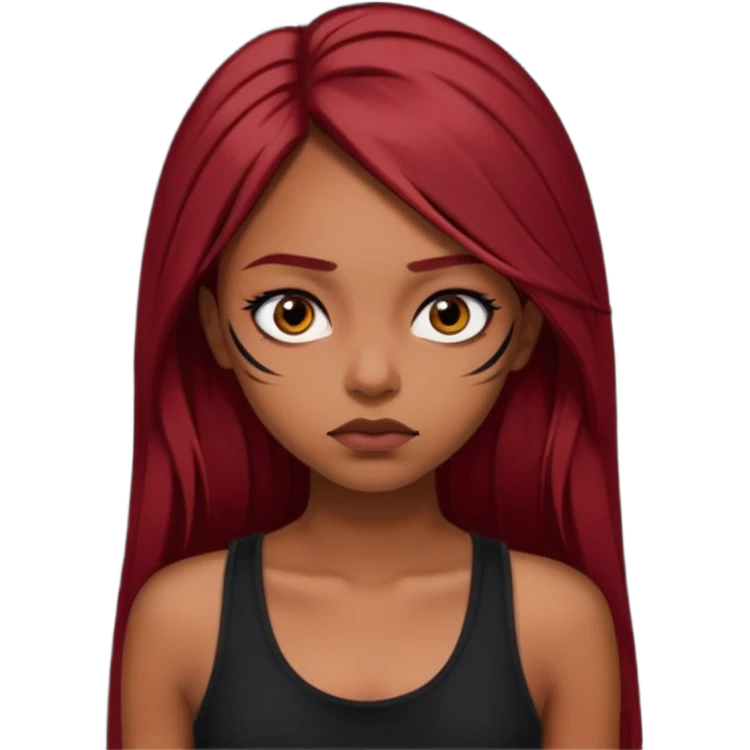 a brown girl with straight long dark red hair, black tank top, eyeliner on. Looking sad emoji