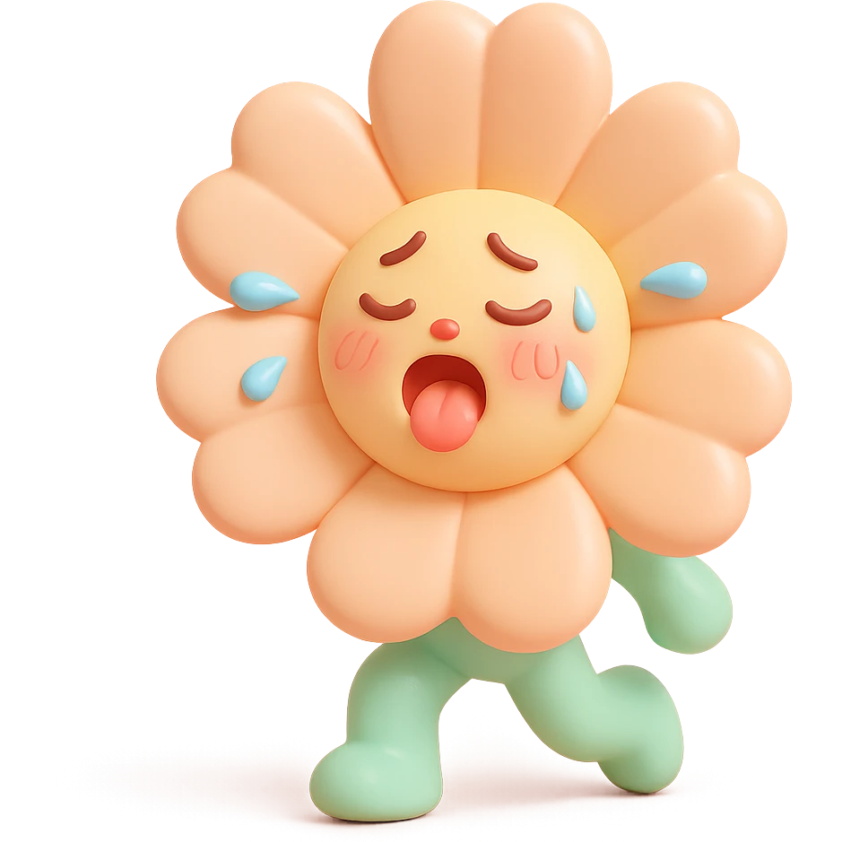 soft peach cosmos flower with a flushed, panting face doing exercise, sweat flying off in exaggerated style, gentle pastel palette, vinyl figure style emoji